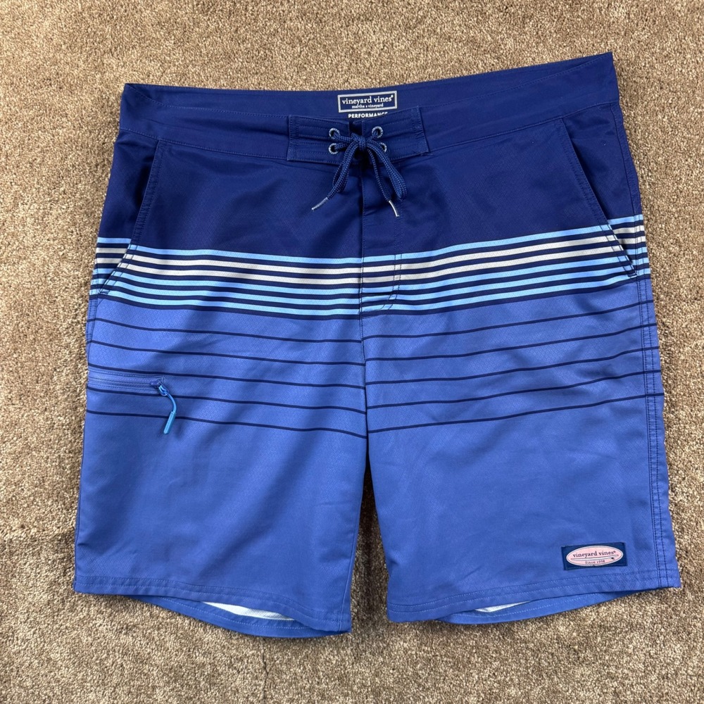 Vineyard Vines Mens Performance Board Shorts Blue Striped Size 35 Swim Trunks